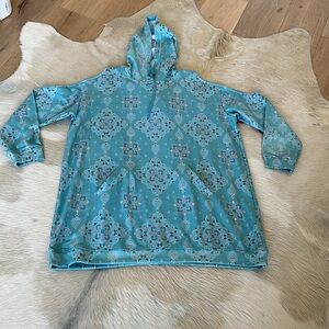 Western Aqua Bandana Print, Cold Shoulder Hooded Mini Dress with Pocket Detail